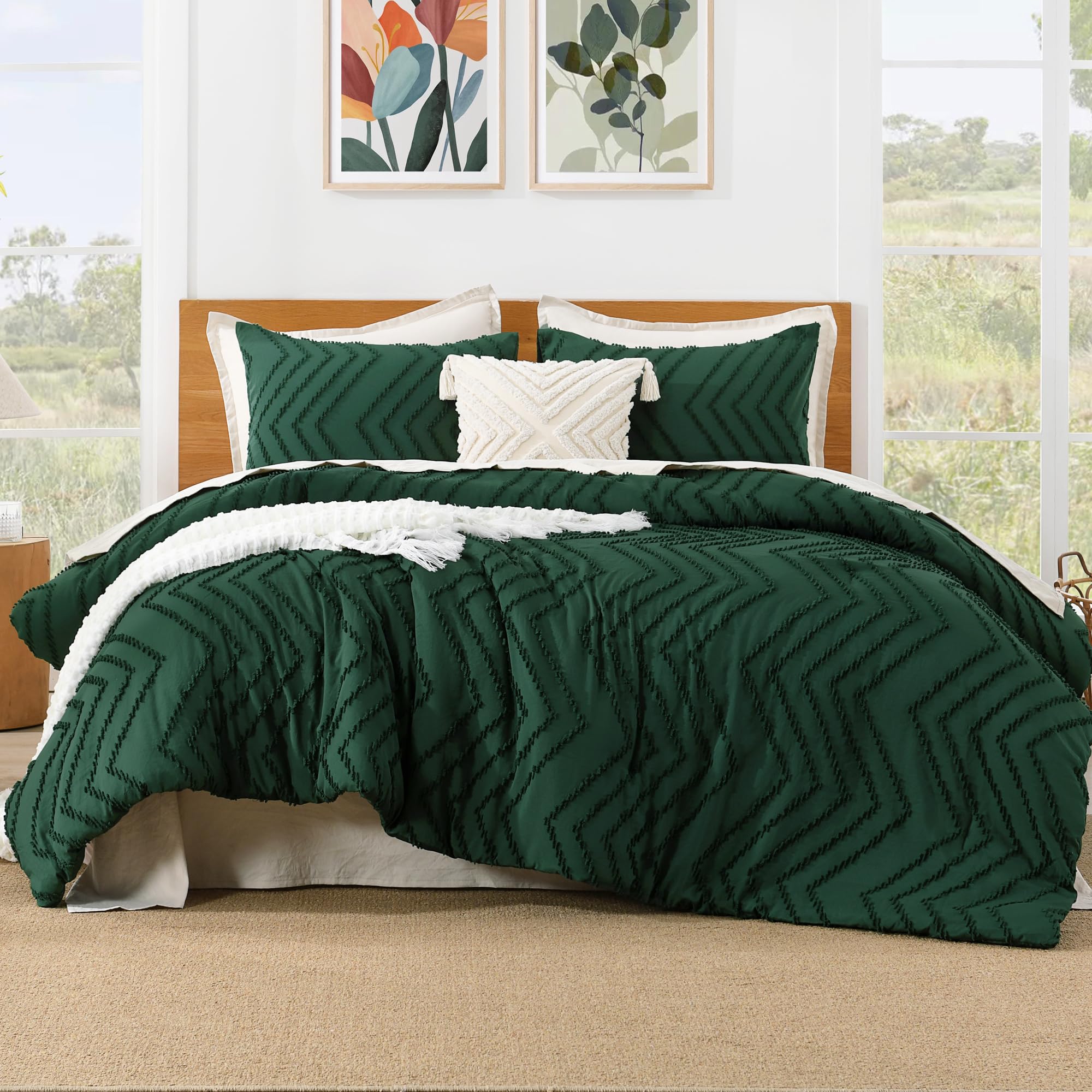 Litanika Comforters Queen Size Dark Emerald Green, 3 Pieces Lightweight Chevron Tufted Bedding Comforter Set, Fluffy Winter Down